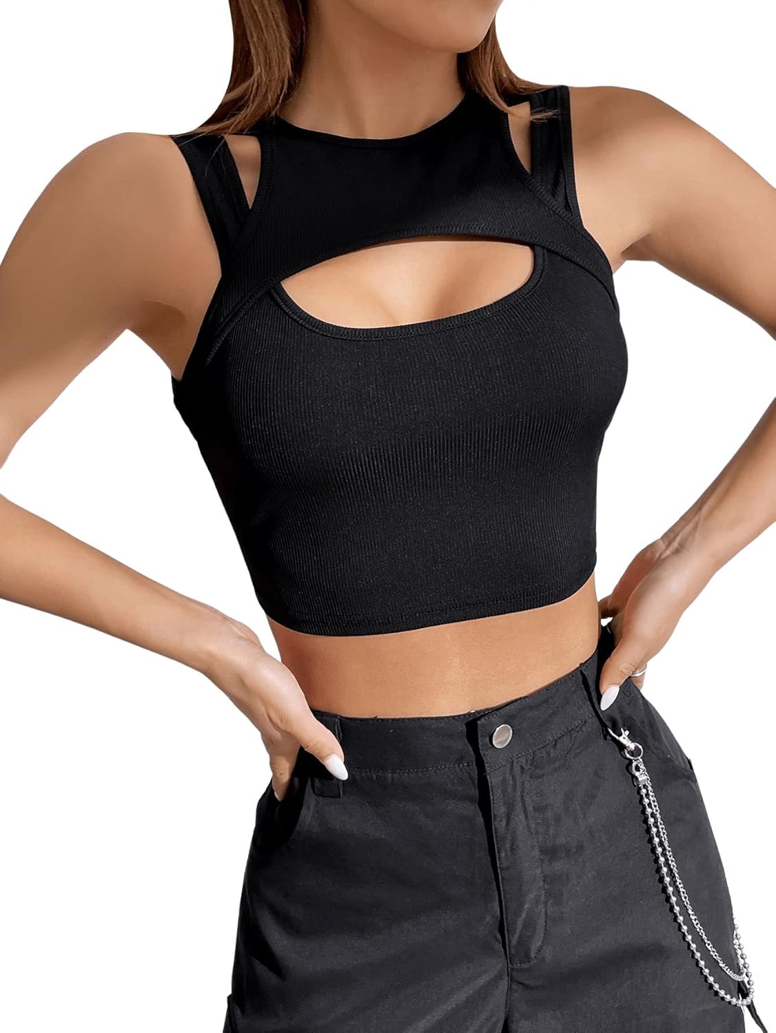 GORGLITTER Crop Tank Top dam Y2k Cut Out Top magfria toppar med utskärning sexig topp ärmlös linne