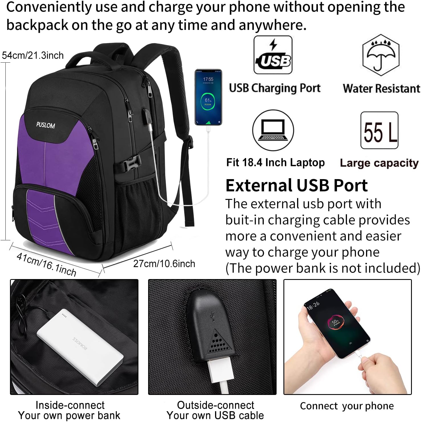 PUSLOM Extra stor ryggsäck 55 L, 18,4 tum resedatorsväska för bärbar dator med USB-laddningsport stort företag flyggodkänd TSA slitstark datorryggsäck för män kvinnor högskola skola, svart