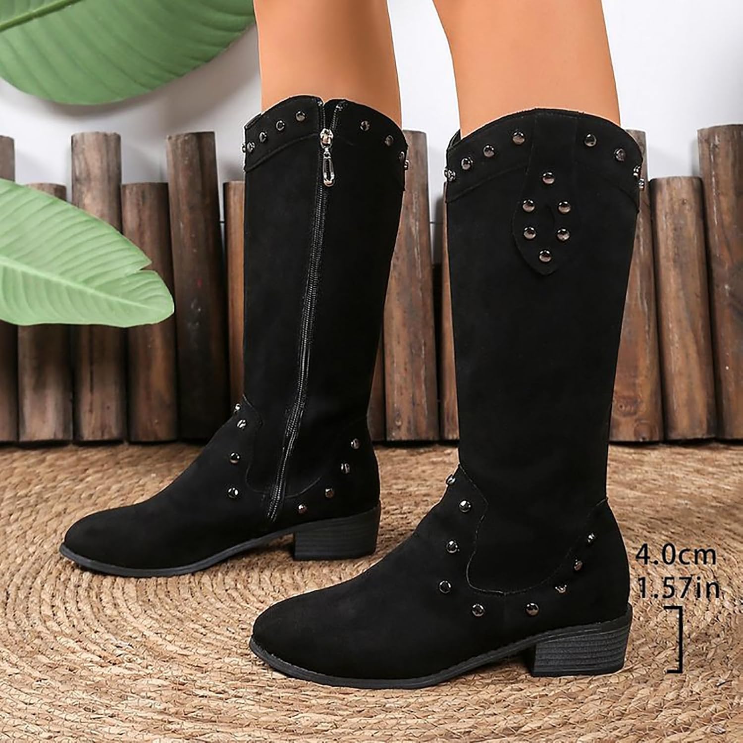 Generiska dam västerländska stövlar med klack, cowboystövlar dam medelstora höga vandringskängor med blockklack övergångsstövlar vintage halvstövlar western cowgirl stövlar slip-stövlar Chelsea