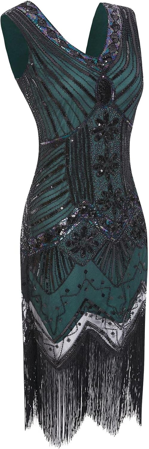 Hahaemma 1920-tals-vintageklänning, flapper-/charleston-klänning, Great Gatsby, med paljetter, tofsar och fåll, som examensbalklänning, aftonklänning, cocktailklänning eller kostymklänning