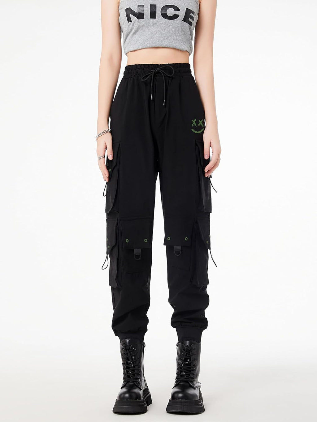 CLOAKA Cargobyxor dambyxor, joggingbyxor, hög midja, Y2k, gotiska, techwear, streetwear, cargobyxor, stretch, bekväma med elastiskt band, lös säckig utomhus, hip hop-tryck