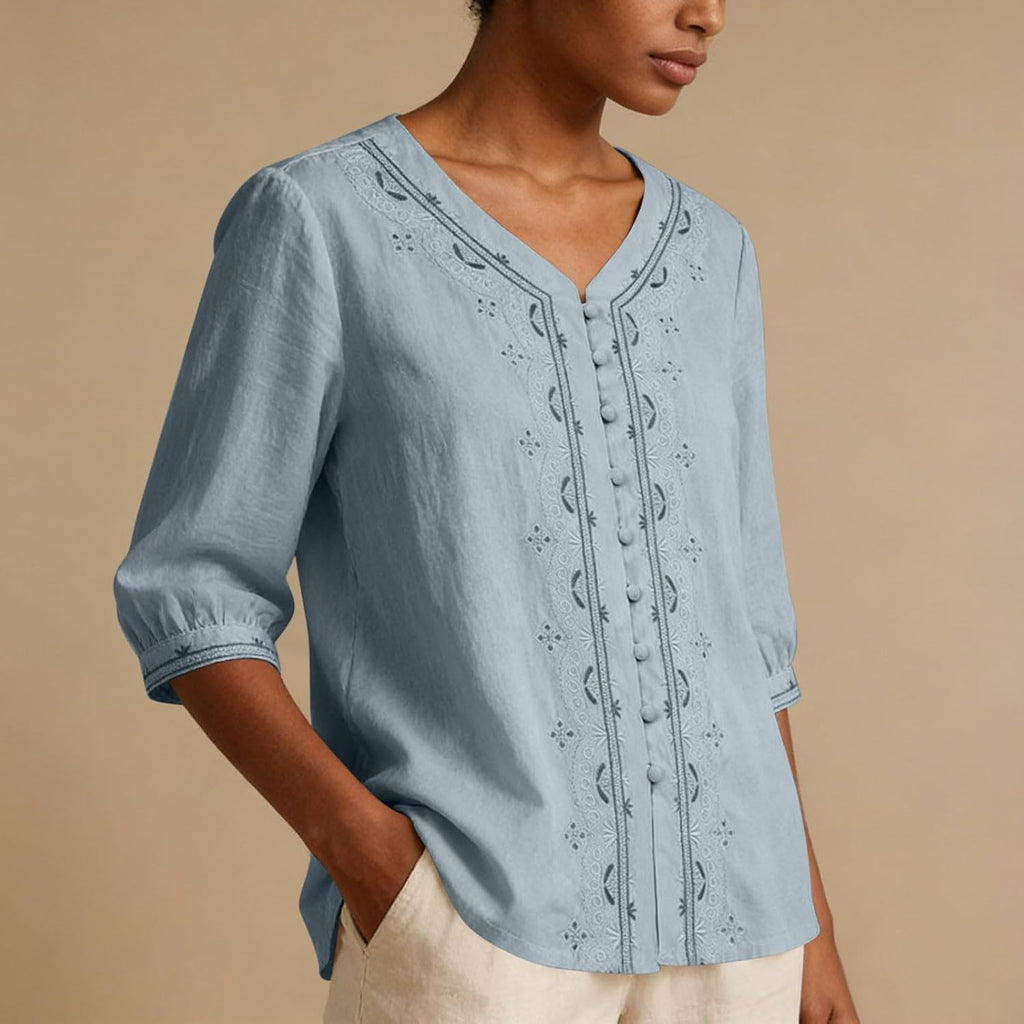 Kvinnors boho toppar bomull linne halvärm v-ringad retro broderade skjortor groda knapp kinesisk stil skjorta damer lös ledig sommar topp