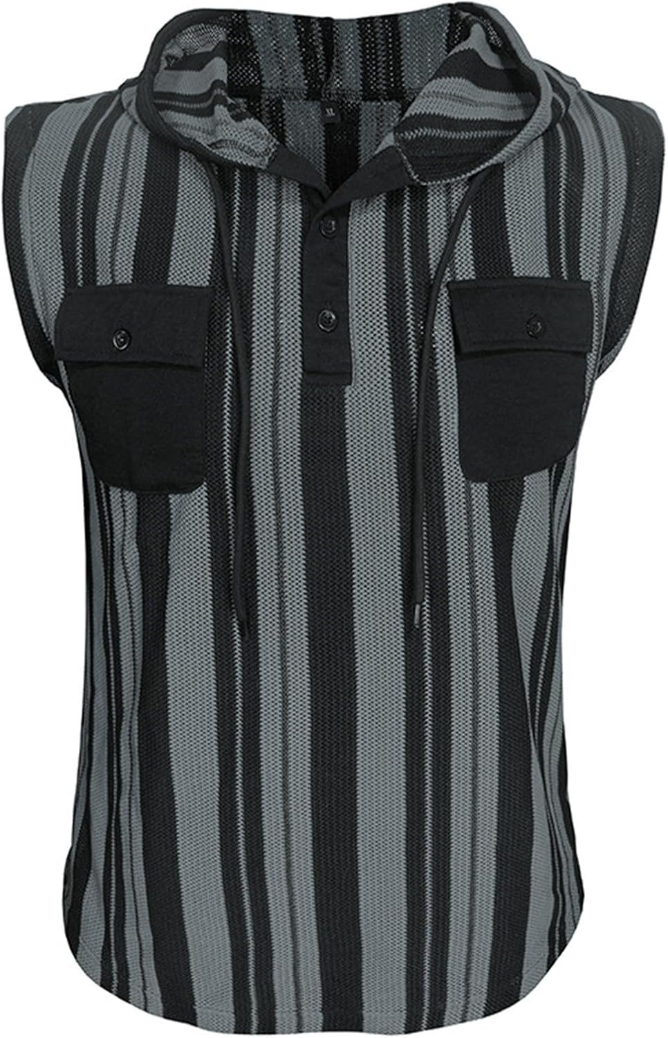 Ärmlösa västar med huva för män sommar vardaglig tank top lätt pullover väst med bröstficka och knappdetaljer urholkade randiga designvästar smal passform mode gym linne för fritid