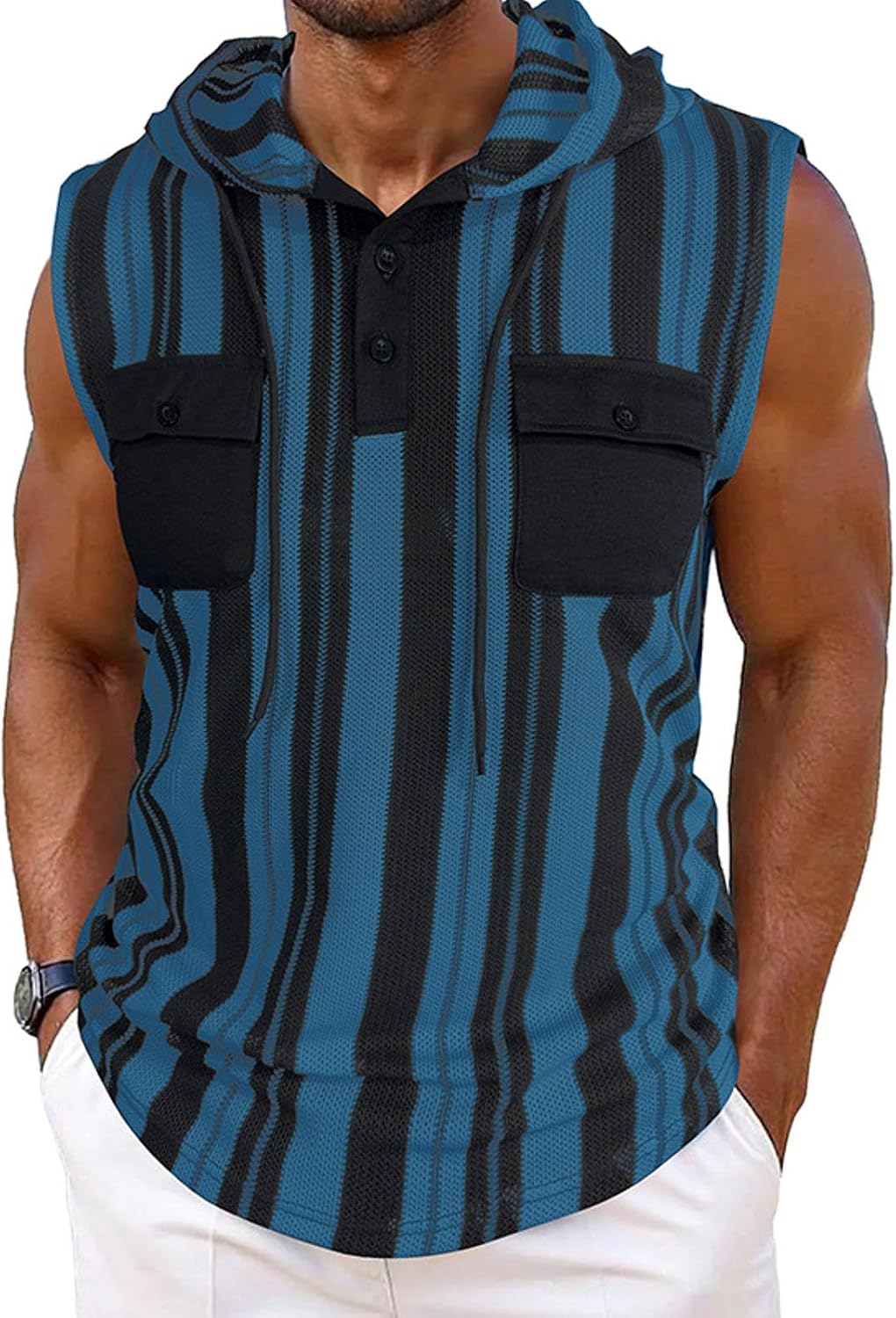 Randig huvtröja för män sommar ny ärmlös HipHop Sport randig väst