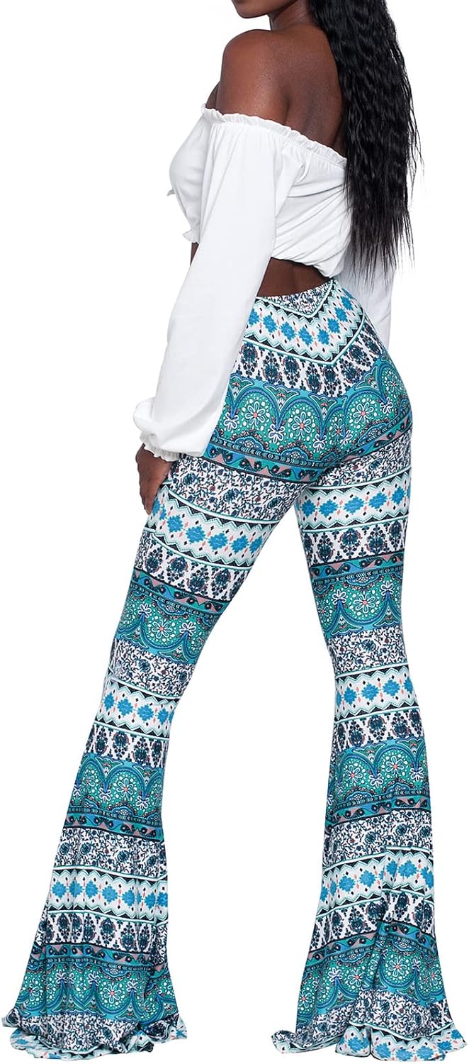 Nuofengkudu Dam vintage tryckta långa utsvängda byxor hög midja stretchiga vida ben yogabyxor