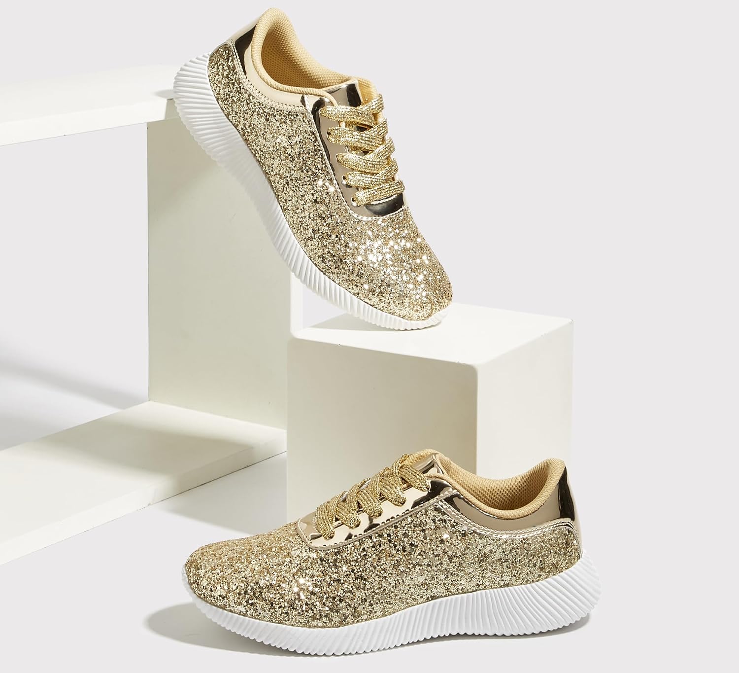 LUCKY STEP Briljanta sneakers för kvinnor med strass och metallpaljetter, lätta tennisskor
