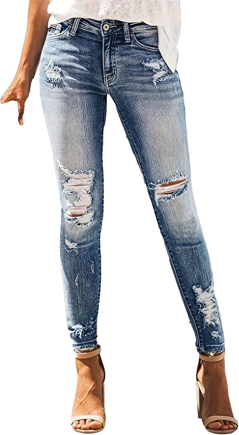 Trendiga jeans för kvinnor 2025 Skinny Ripped Trendiga jeans Distressed Stretchy jeansbyxor
