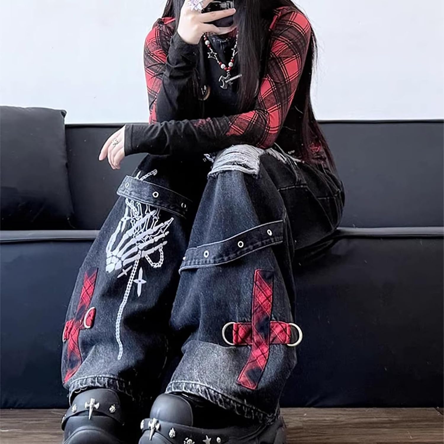 Y2K Ripped Grunge Baggy Jeans Byxor Emo Dam Goth Raka Ben Byxor Hög Midja Alt Y2K Kläder
