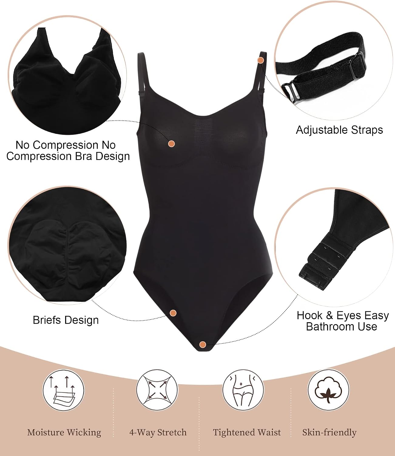 SHAPERX Women Sculpting Bodysuit Tummy Control Shapewear Seamless Body Shaper Thong Adjustable Straps