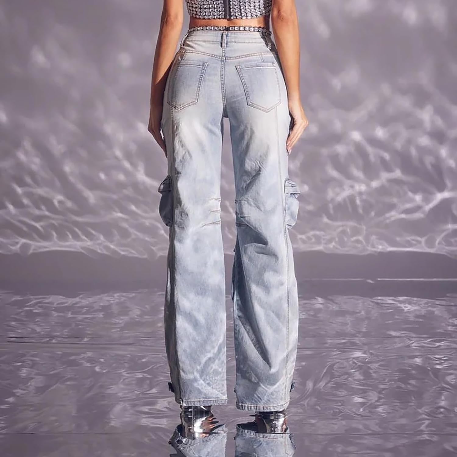 Kvinnor Baggy Ripped Jeans Strass High Waisted Cargo Jeans med Lockfickor Y2k Byxor med Vida Ben Streetwear Ripped Raka Jeans Sexiga Trendiga Jeans