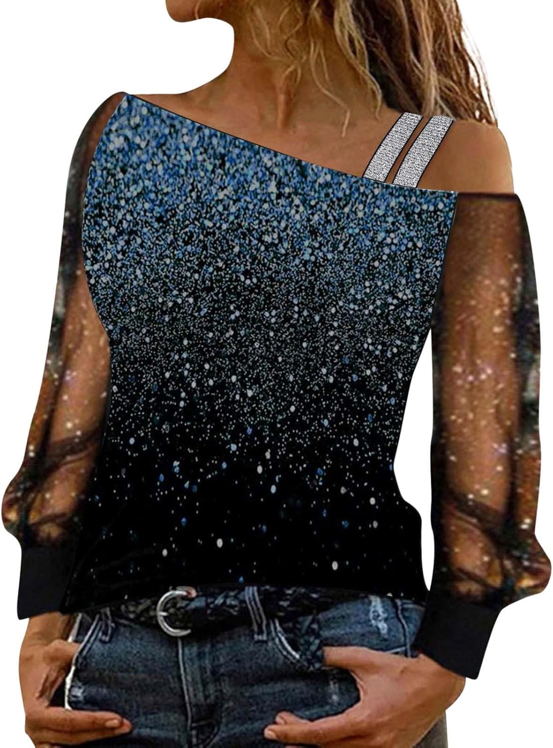 Elegant damskjorta paljetter nyår axellös elegant nät med paljetter plus storlek t-shirts för fest och kväll cocktail ceremoni kurviga toppar långärmad glitter blus 2025