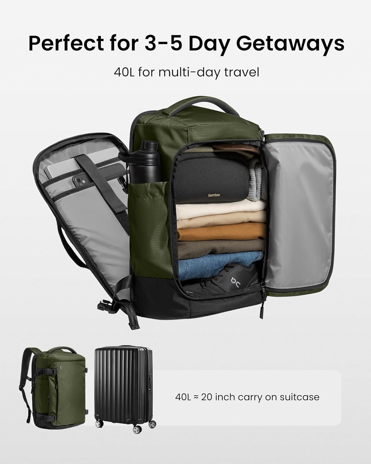 tomtoc 40L Reseryggsäck, TSA-vänlig handbagage-ryggsäck Reseryggsäck för 15,6-17 tums bärbar dator, flyggodkänd ombordstigning Vattenavvisande kabinryggsäck för resor Weekender Trip