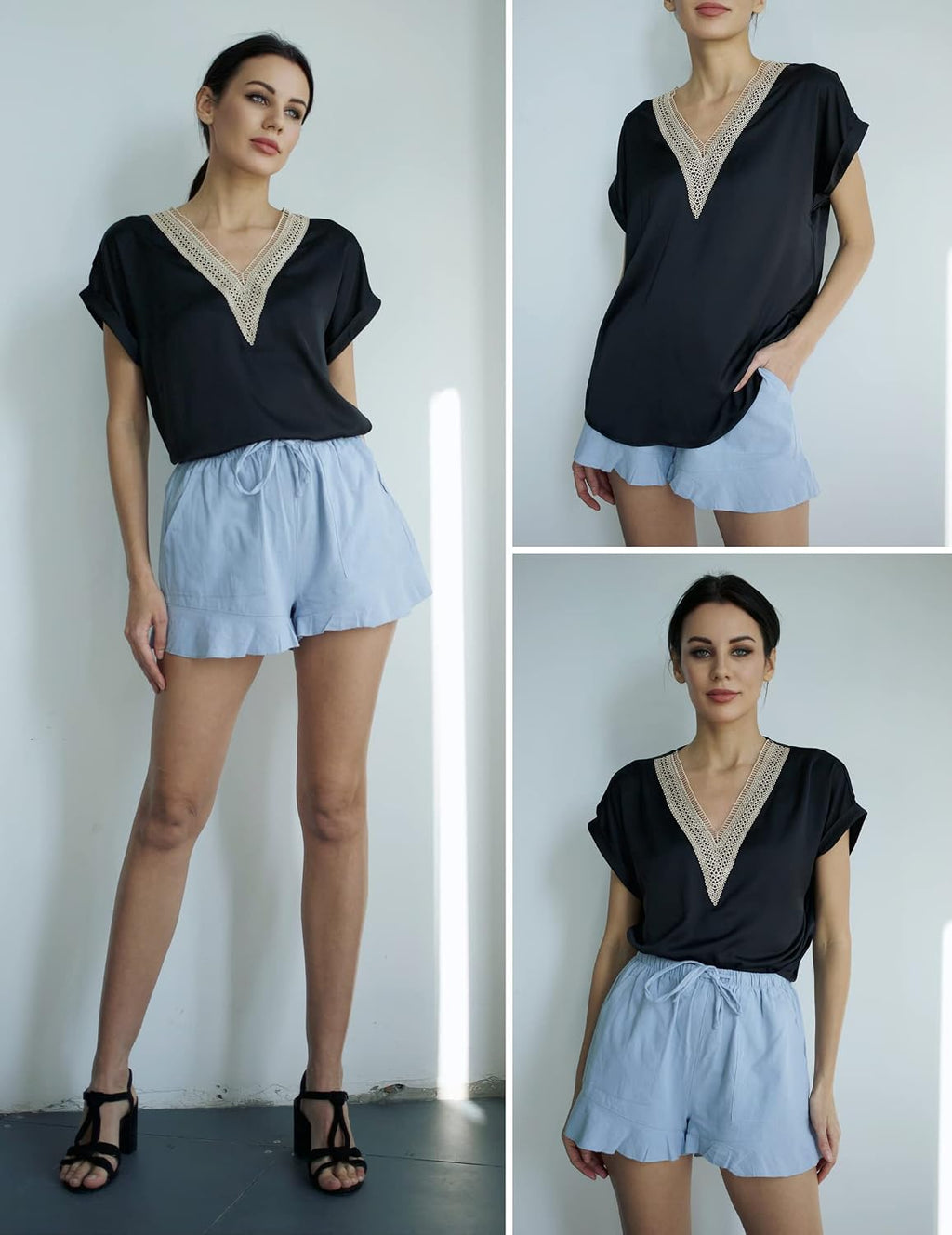 Zeagoo Dam-t-shirt, satinblus, spets, v-ringad, skjorta, eleganta blusar, kortärmad tunika, topp, lediga toppar, sommar, lösa toppar