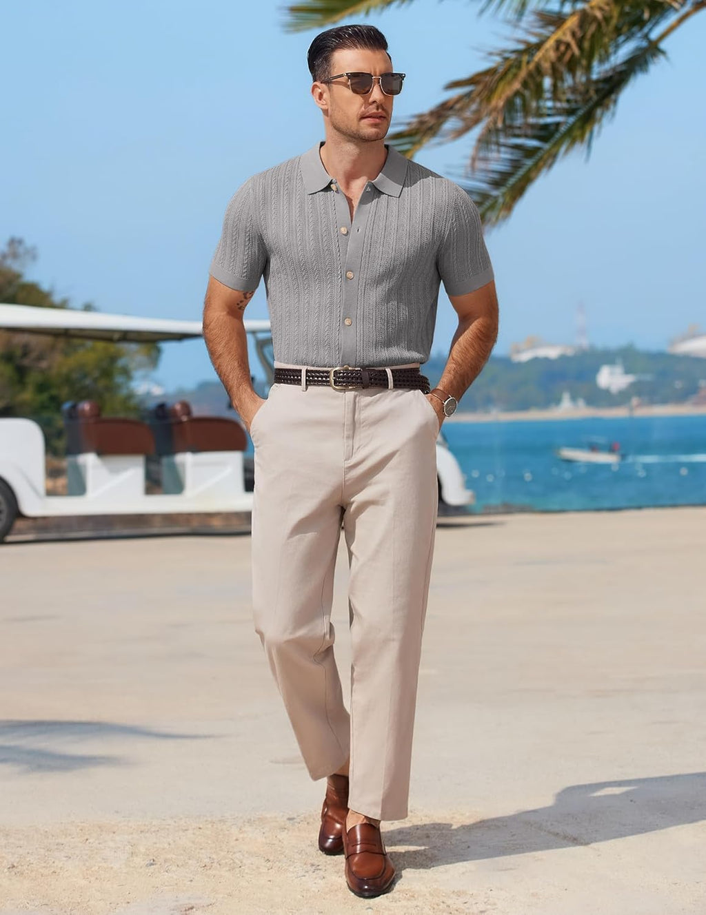 COOFANDY Herr kortärmad stickad pikétröja stretch kabel stickad full knapp golfskjorta polo t-shirt