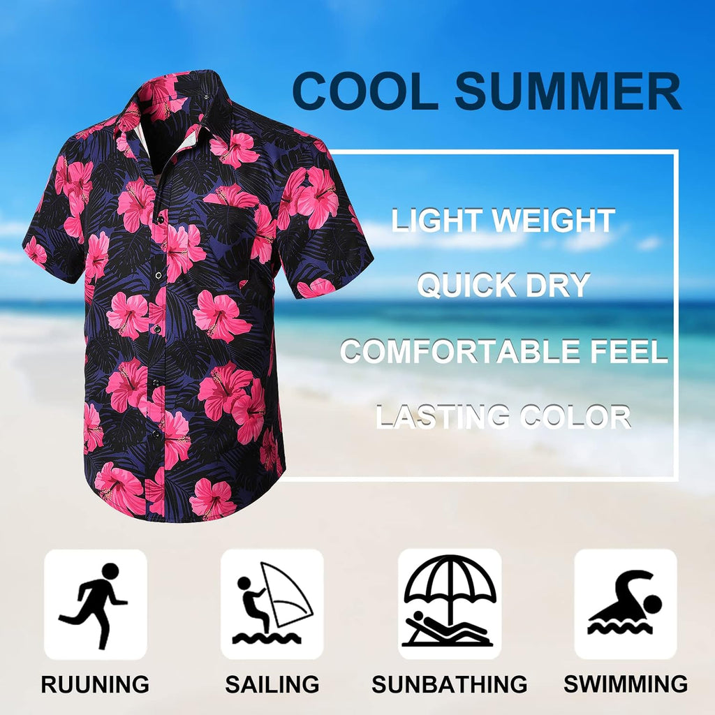 Enlision Funky Hawaii-skjorta för män, kortärmad, fritid, Hawaii-skjorta, tryck, ananas palmer, blommor, ledig, unisex, Hawaii-skjorta med framficka, S-2XL