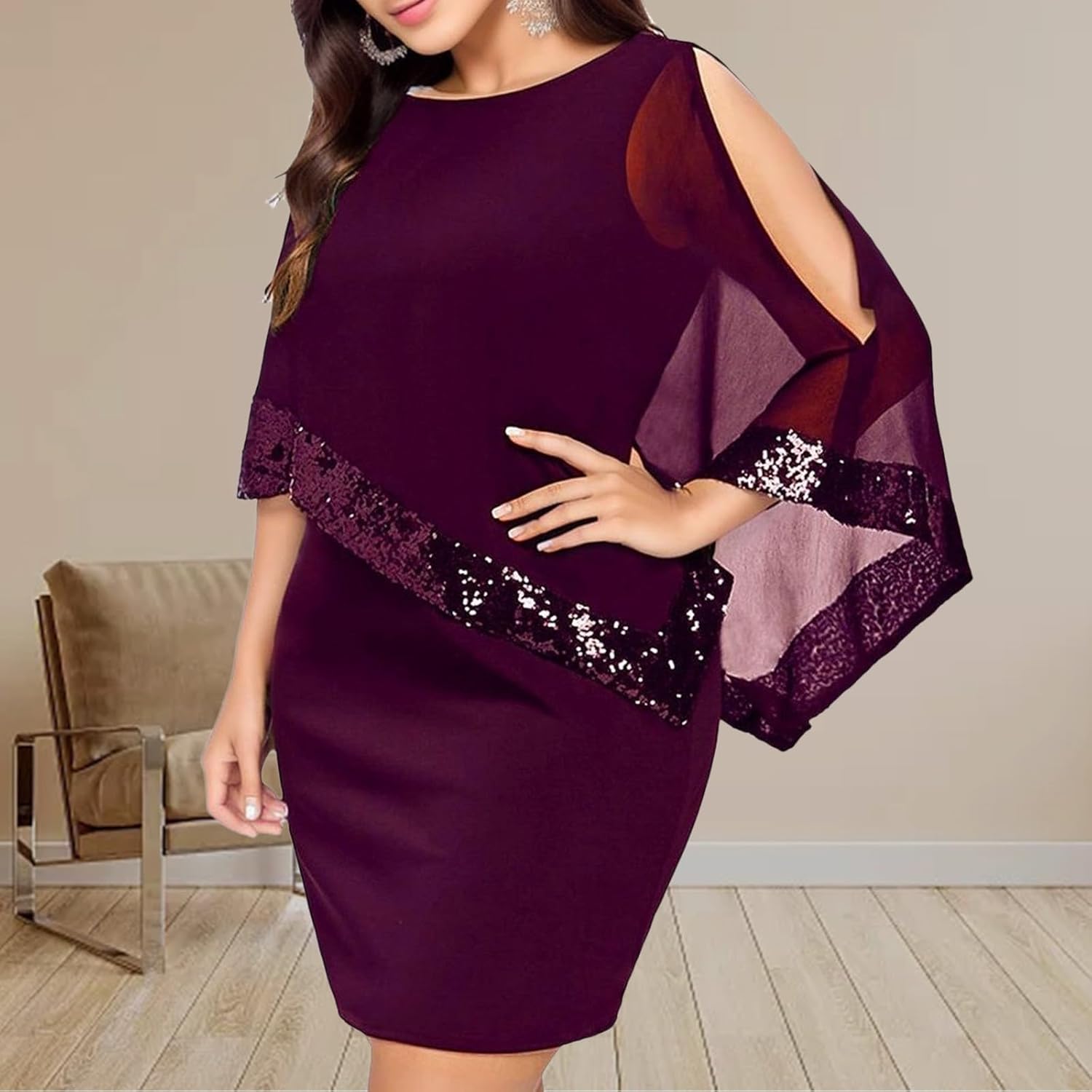 Kvinnors Sommarklänningar 2026 Kvinnor Plus Size Cold Shoulder Overlay Chiffong Axelbandslösa Paljetter Bomull Kortärmad Modeklänning