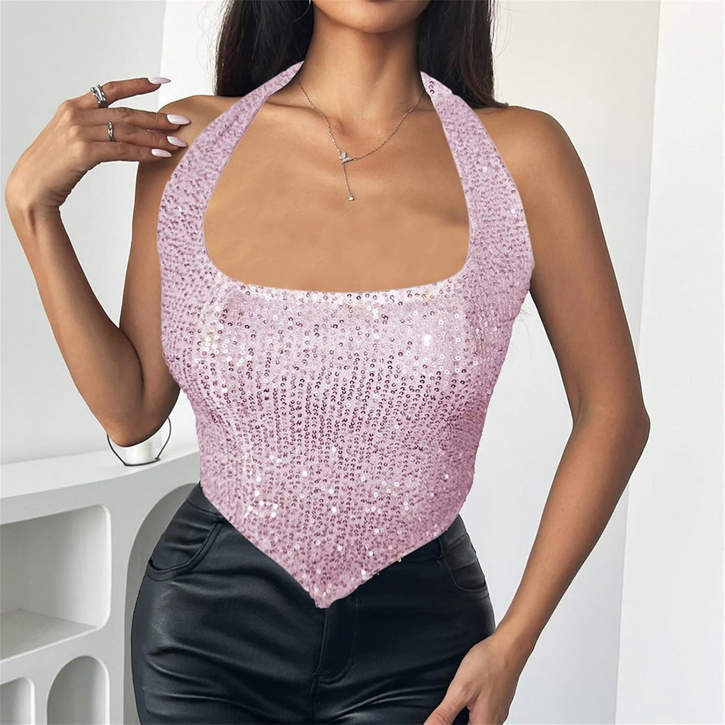 Glitterlinne, damer, slim fit, party, topp, damer, sexig, paljettskjorta, elegant axelbandstopp, glitter, linne, all matchning, sequin, liten väst, toppar, trendig väst, karneval, camisole