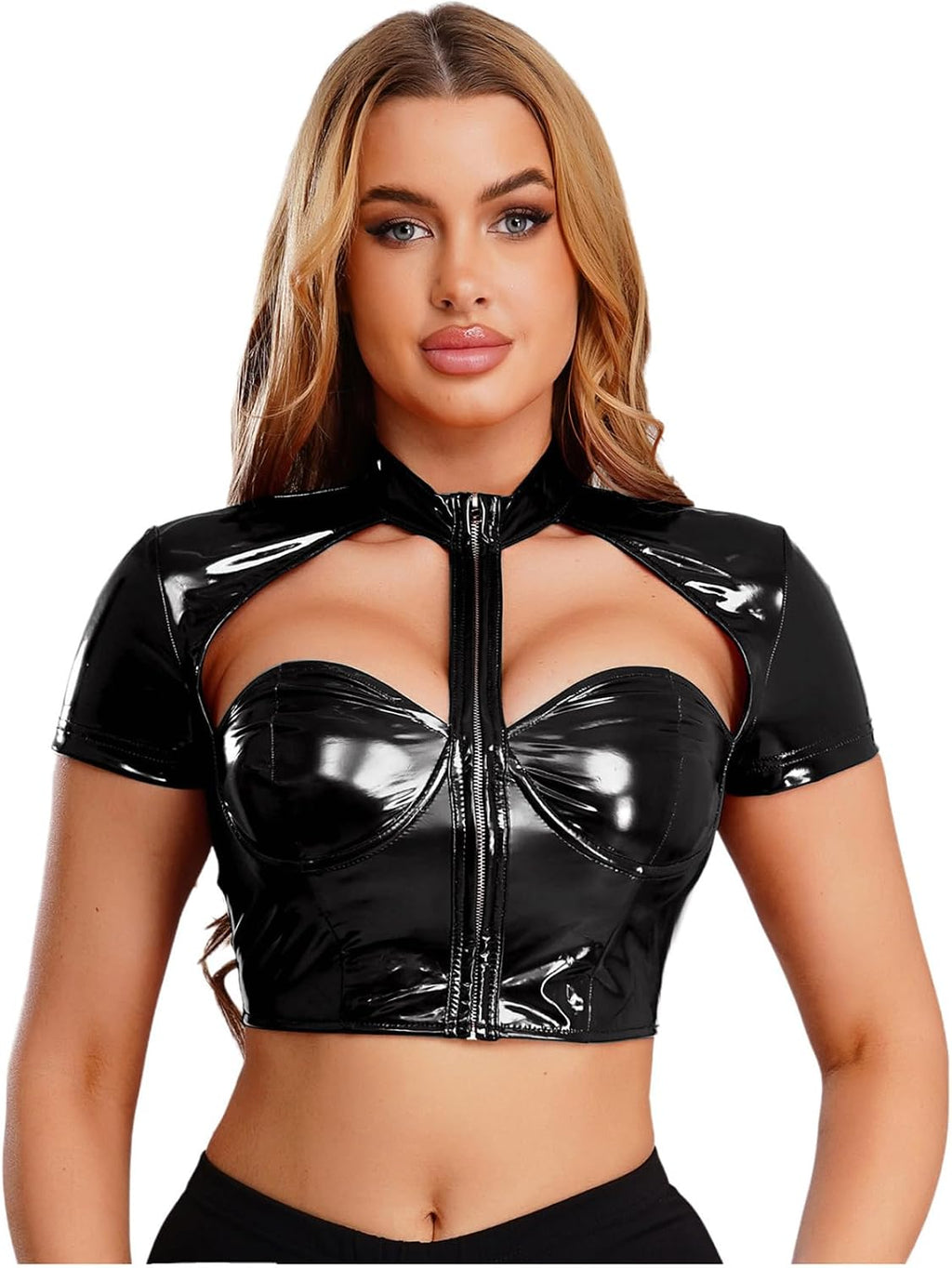 Lack läder crop top damer camisole korsett push up t-tröja med korta ärmar, klubbkläder
