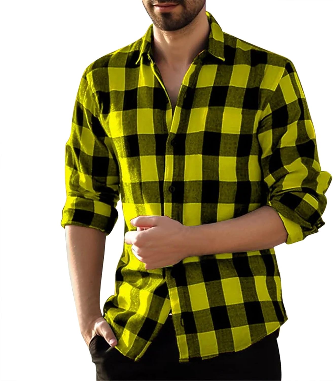 Långärmad vardaglig rutig flanellskjorta, rutig tartan button-down-skjortor för män nedfällbar krage mode avslappnad skjorta med knappar urban stilren herr toppar avslappnad smart långärmad