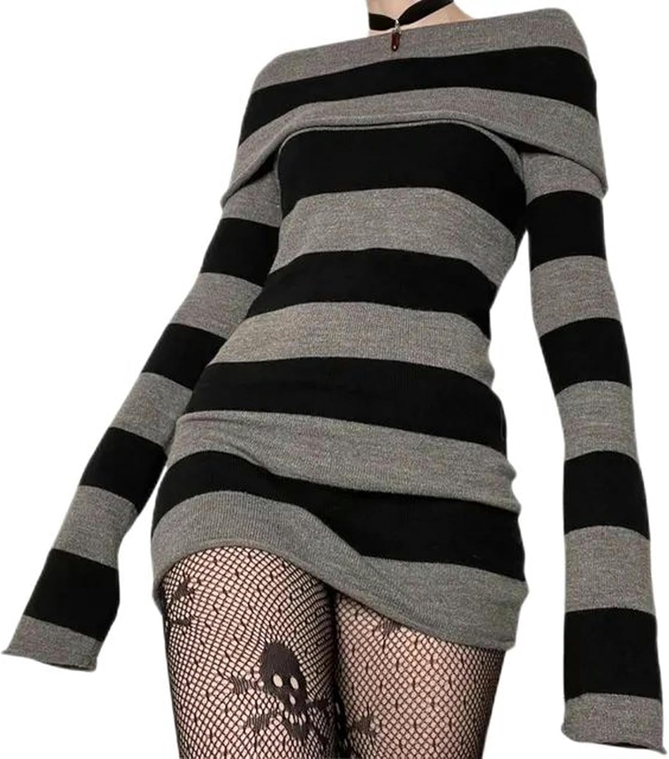 Y2K Randig Tröja Mini Klänning Mall Goth Grunge Emo Bodycon Chic Dam Off-shoulder Full Sleeve Slim Fit Klänningar 00s Vintage