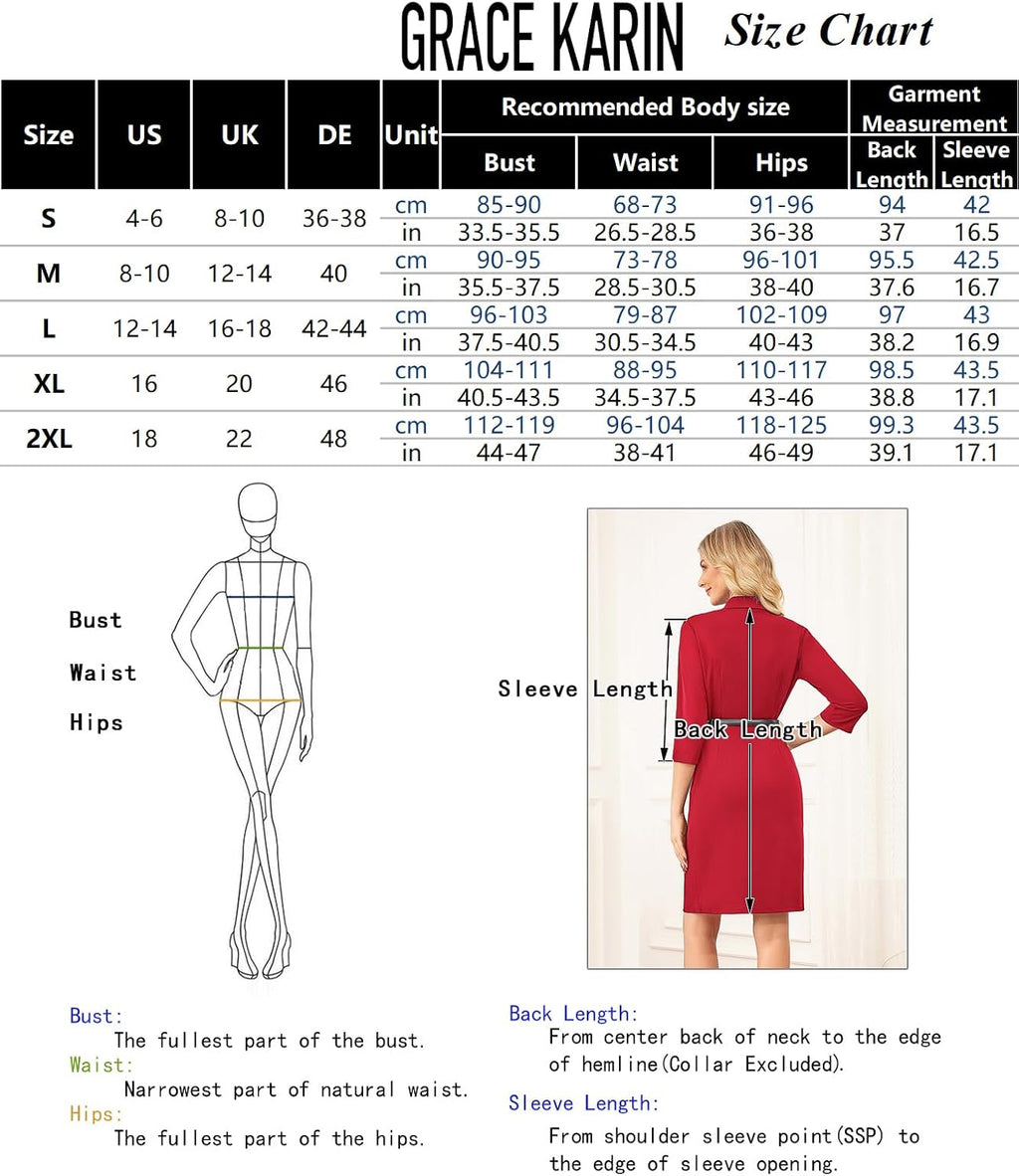 GRACE KARIN Dam elegant kontorsklänning 3/4 ärmar V-ringad bodycon affärsklänning cocktailklänning