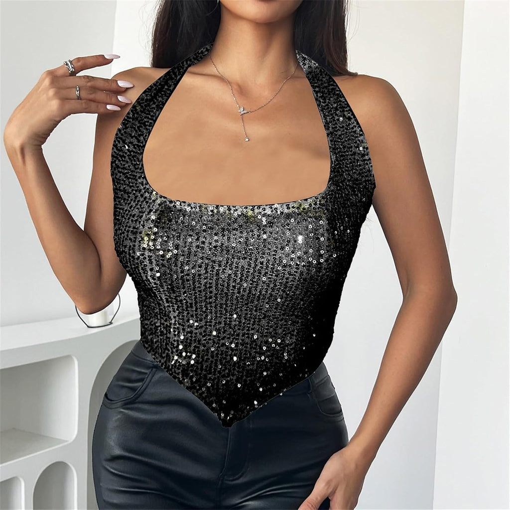 Glitterlinne, damer, slim fit, party, topp, damer, sexig, paljettskjorta, elegant axelbandstopp, glitter, linne, all matchning, sequin, liten väst, toppar, trendig väst, karneval, camisole