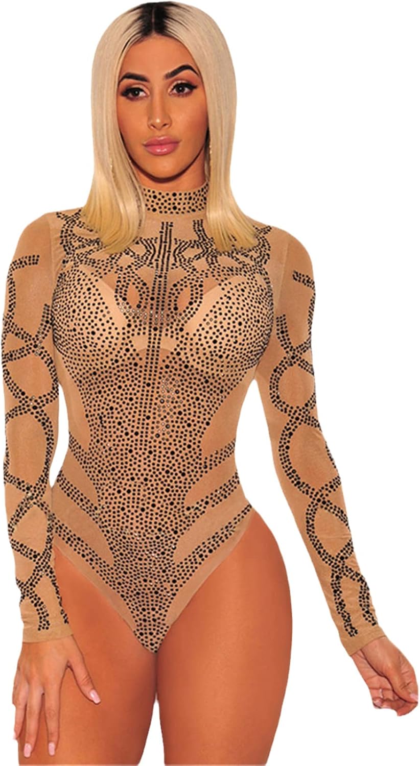Dam Sexig Bodysuits Svart Guld Bustier Mesh Polotröja Långärmad Bodysuit Kaki Svart S