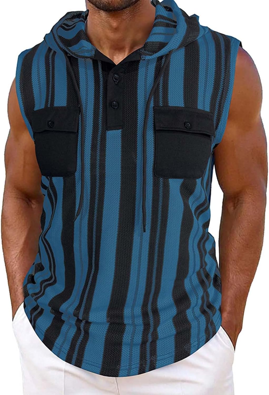 Ärmlösa västar med huva för män sommar vardaglig tank top lätt pullover väst med bröstficka och knappdetaljer urholkade randiga designvästar smal passform mode gym linne för fritid
