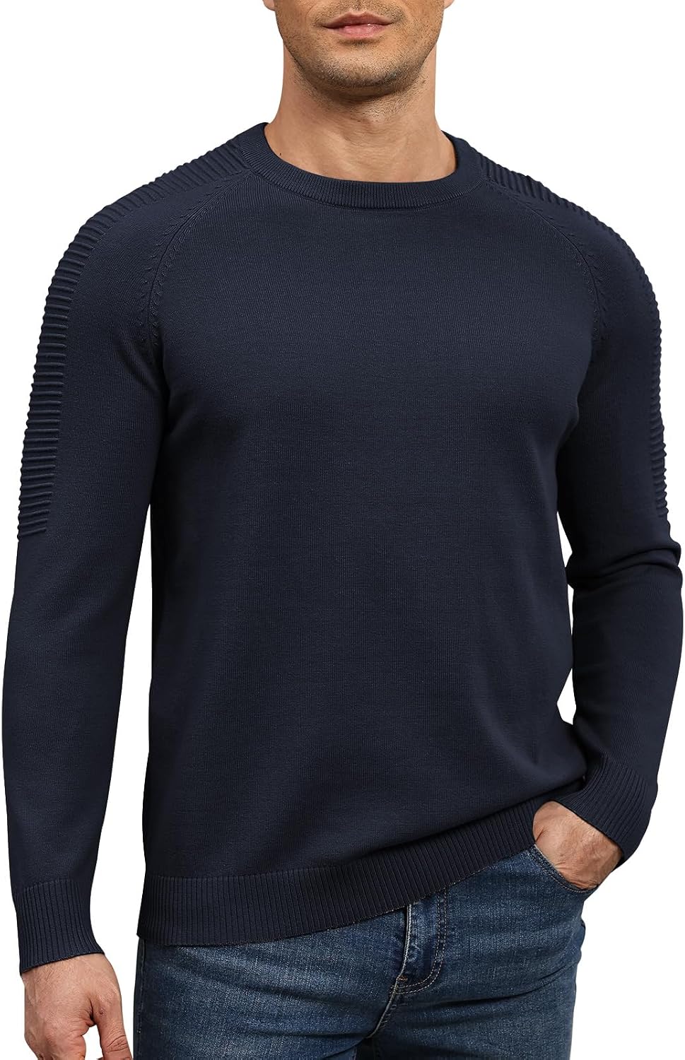 herr rund hals raglan långärmad jumper enfärgad termisk stickad pullover axel ribbning detalj 100 % bomull klassiska stickade kläder höst vinter