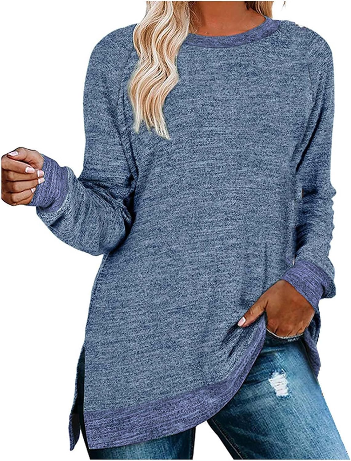 HUIFUAO T-shirt för kvinnor långärmad rund hals färgblock delad topp lös pullover topp skjorta kvinnor svart plus size t-shirt