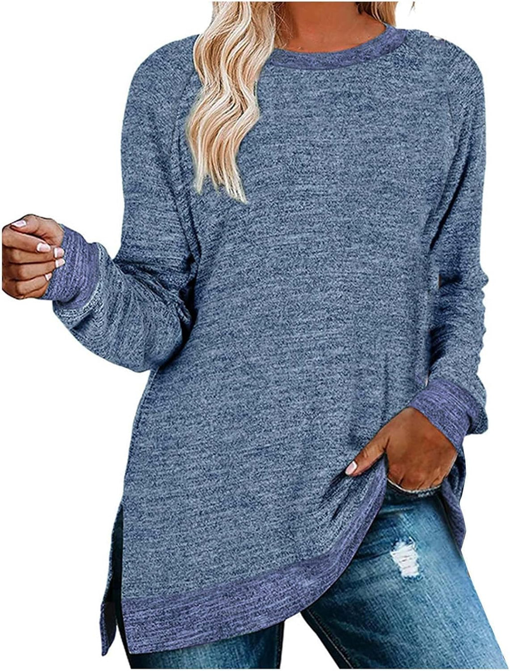 HUIFUAO T-shirt för kvinnor långärmad rund hals färgblock delad topp lös pullover topp skjorta kvinnor svart plus size t-shirt