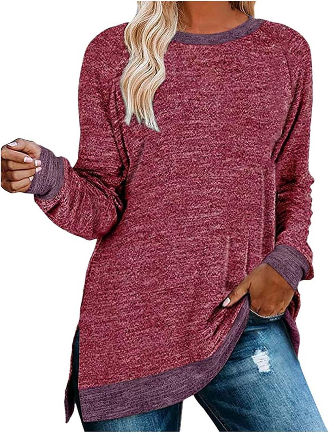 HUIFUAO T-shirt för kvinnor långärmad rund hals färgblock delad topp lös pullover topp skjorta kvinnor svart plus size t-shirt