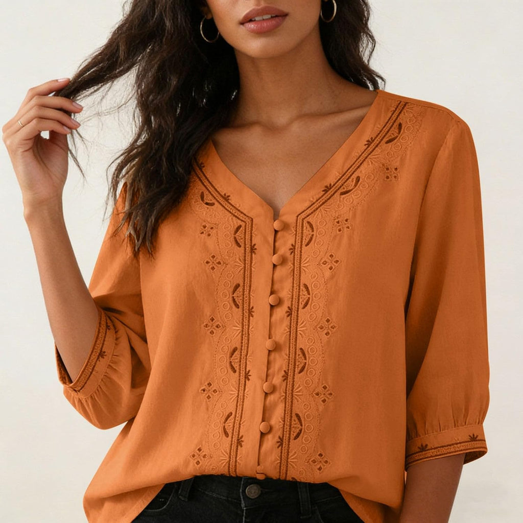 Kvinnors boho toppar bomull linne halvärm v-ringad retro broderade skjortor groda knapp kinesisk stil skjorta damer lös ledig sommar topp