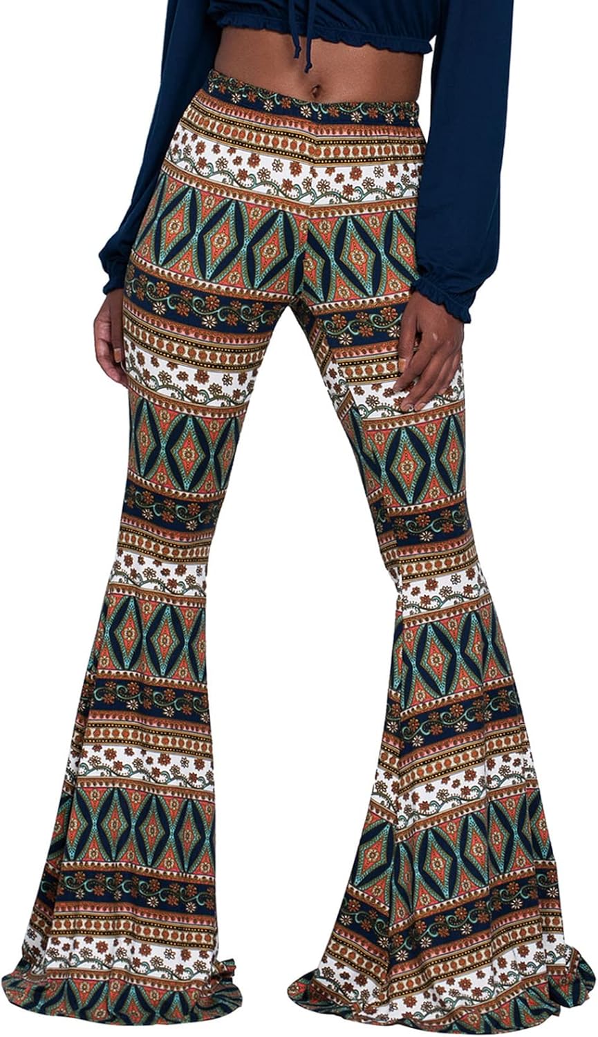 Nuofengkudu Dam vintage tryckta långa utsvängda byxor hög midja stretchiga vida ben yogabyxor