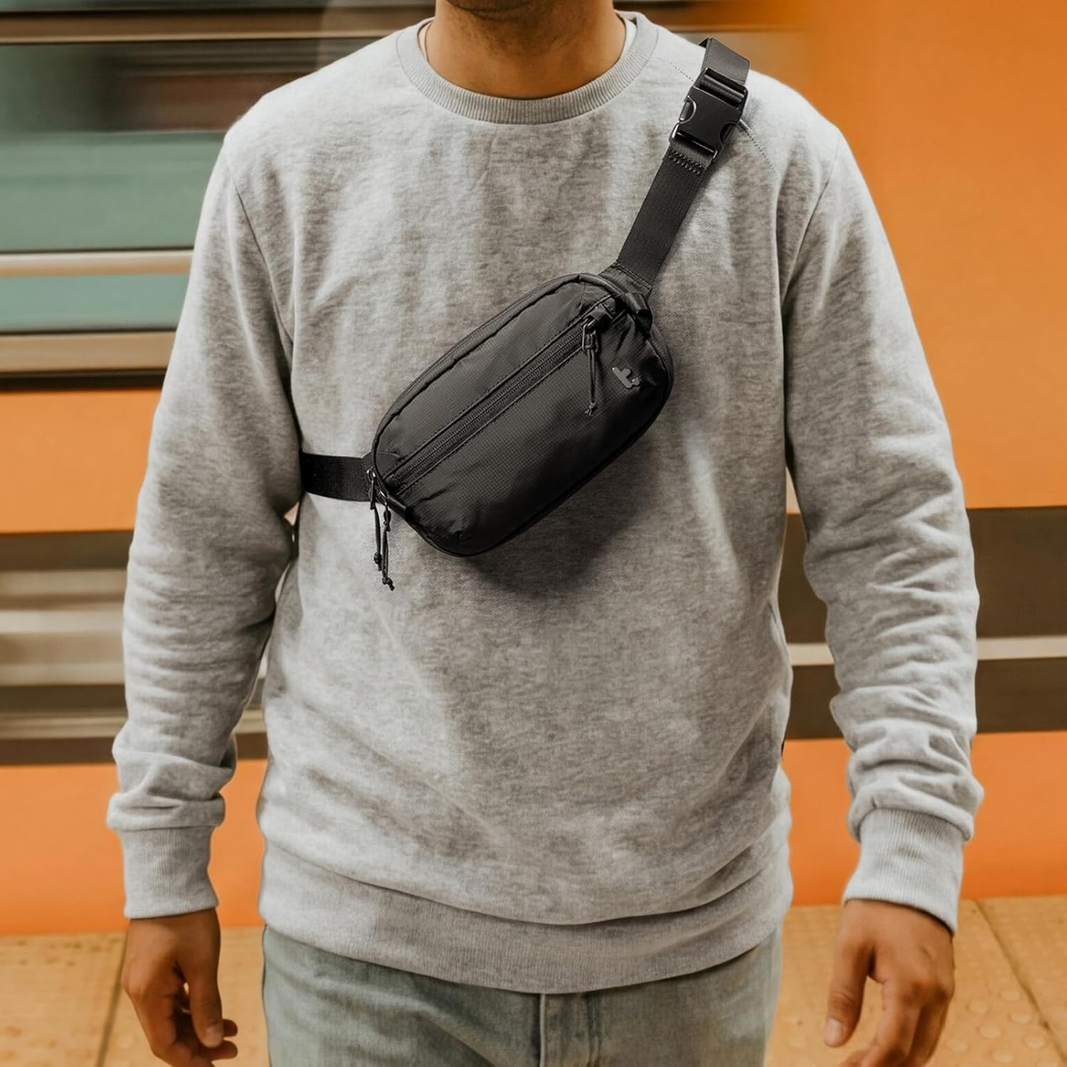 tomtoc 1,5 l crossbody väska med RFID-skydd, liten unisex axelremsväska, sling bag, lätt, vattentät sling bag, för utomhusresor, svart