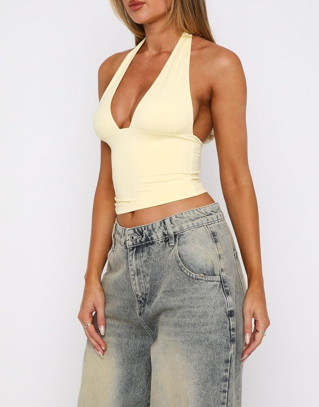 Dam sexig hållare djup V-hals backless crop tank top öppen rygg ärmlös smal passform Y2k sommartoppar