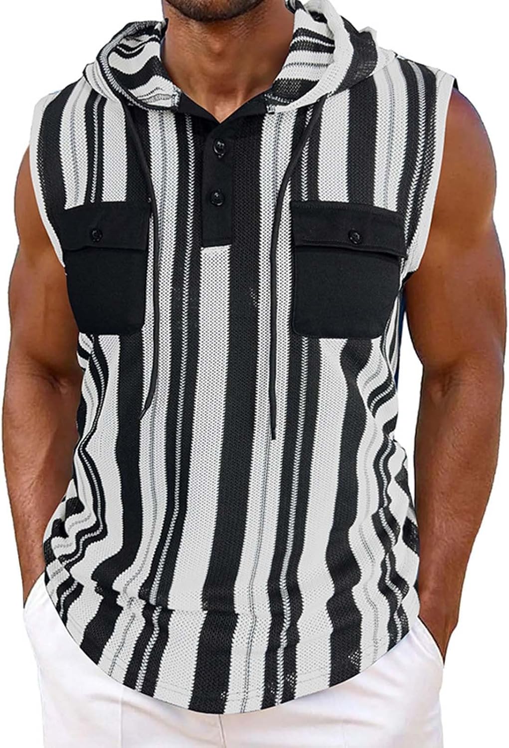 Ärmlösa västar med huva för män sommar vardaglig tank top lätt pullover väst med bröstficka och knappdetaljer urholkade randiga designvästar smal passform mode gym linne för fritid