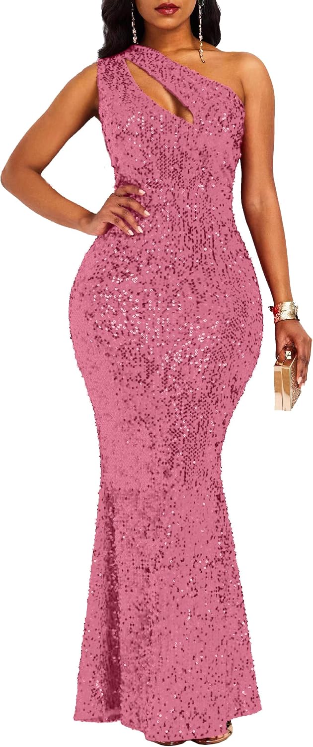 VERWIN Paljetter mode ärmlös sned krage sjöjungfru dam maxiklänning bodycon klänning festklänning