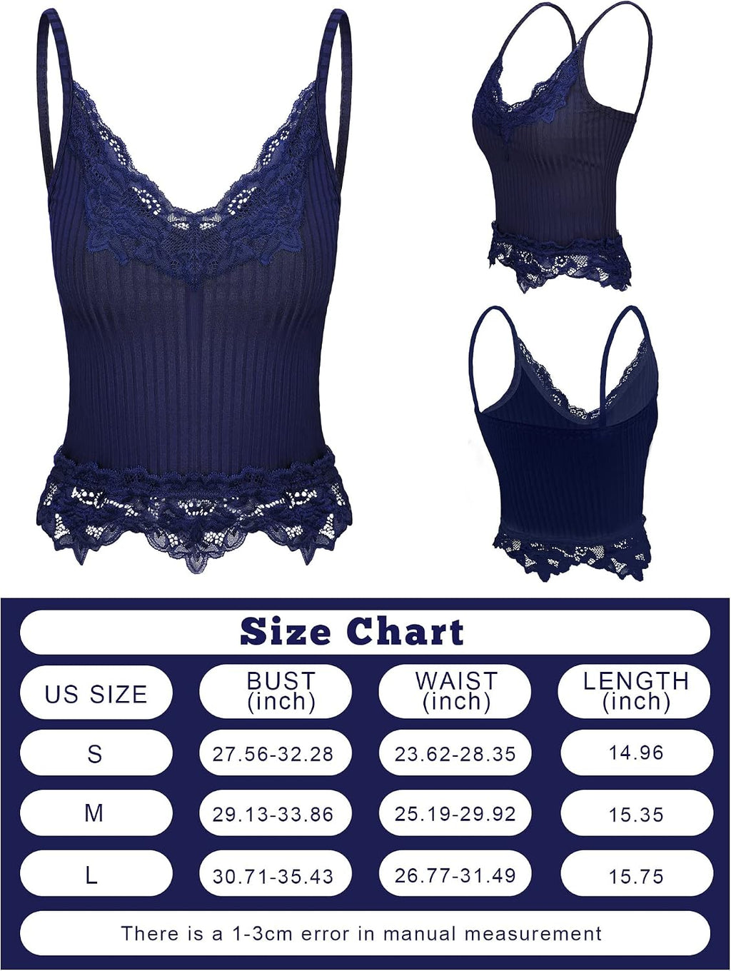 Bencailor 3 Pcs Women's Lace Tank Tops Y2k Camisole Lace Patchwork Crop Tops Grunge Style Ribbed Knitted Clothing(S,Burgundy, Navy Blue, Black)