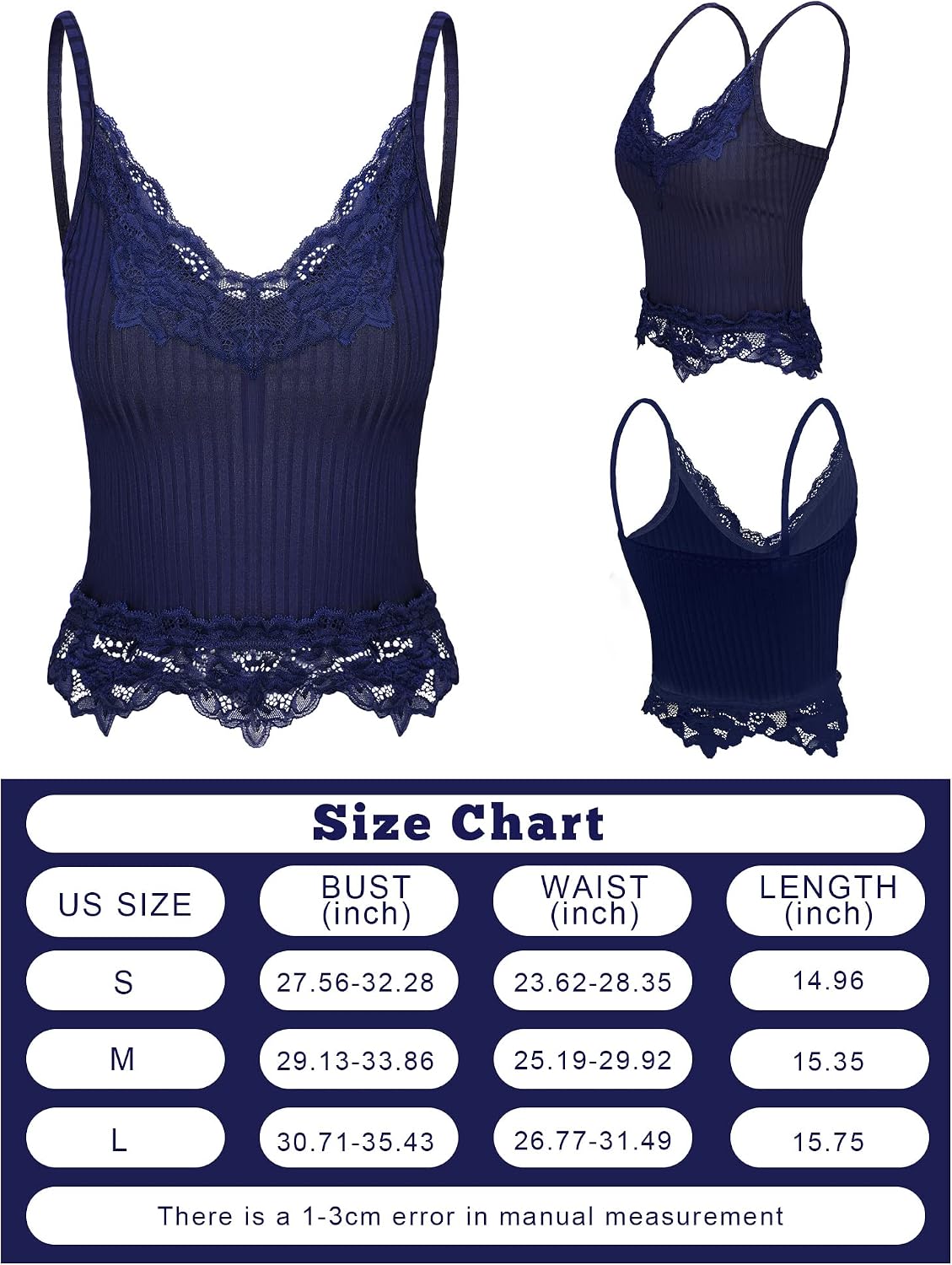 Bencailor 3 Pcs Women's Lace Tank Tops Y2k Camisole Lace Patchwork Crop Tops Grunge Style Ribbed Knitted Clothing(S,Burgundy, Navy Blue, Black)