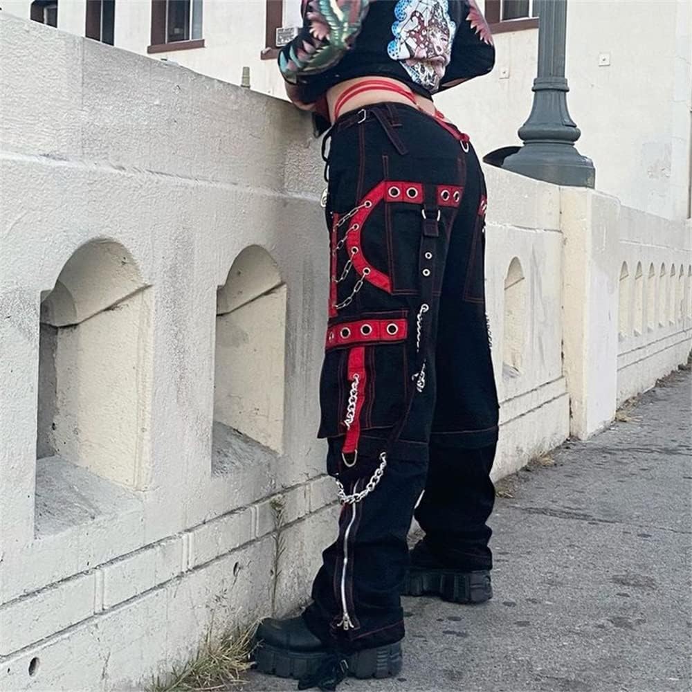 Kvinnor Y2k-jeans, gothstil, byxor i punkig emostil, säckiga, utsvängda jeans, breda ben, Harajuku grunge-byxor, hiphop-kläder