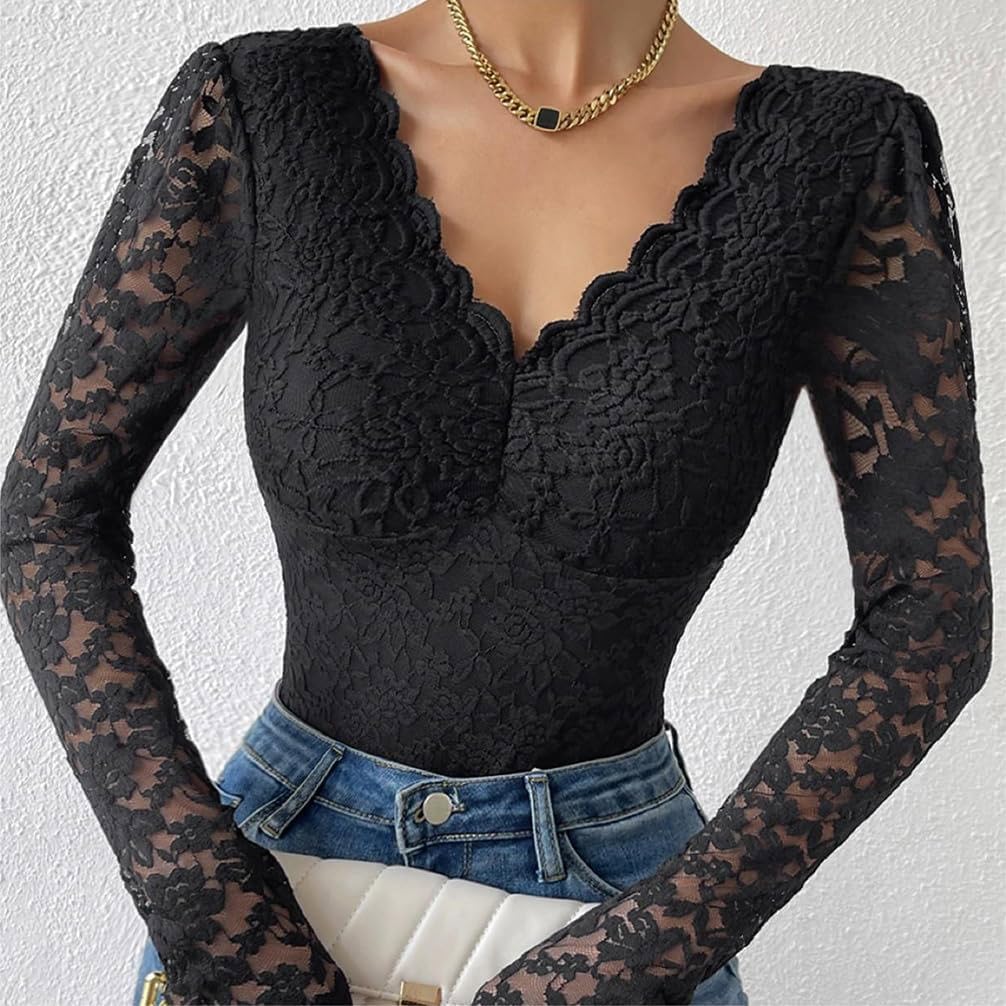 Generisk dambody med spetsar, långärmad eleganta bodys, sexig jumpsuit, toppar, bodysuit, stringtrosa, långärmad body, basic undertröja, V-ringad, party, topp, bustier, ledig, chic, body, spets, damer