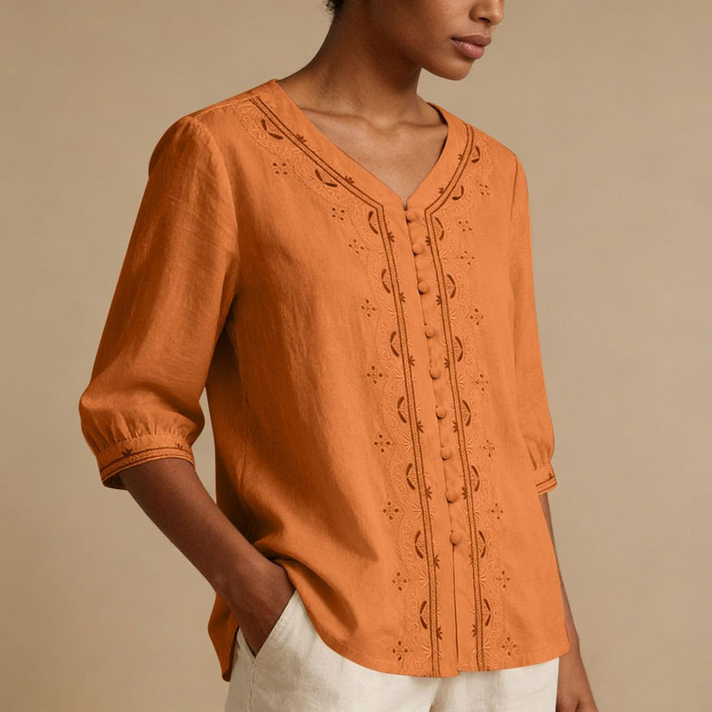 Kvinnors boho toppar bomull linne halvärm v-ringad retro broderade skjortor groda knapp kinesisk stil skjorta damer lös ledig sommar topp