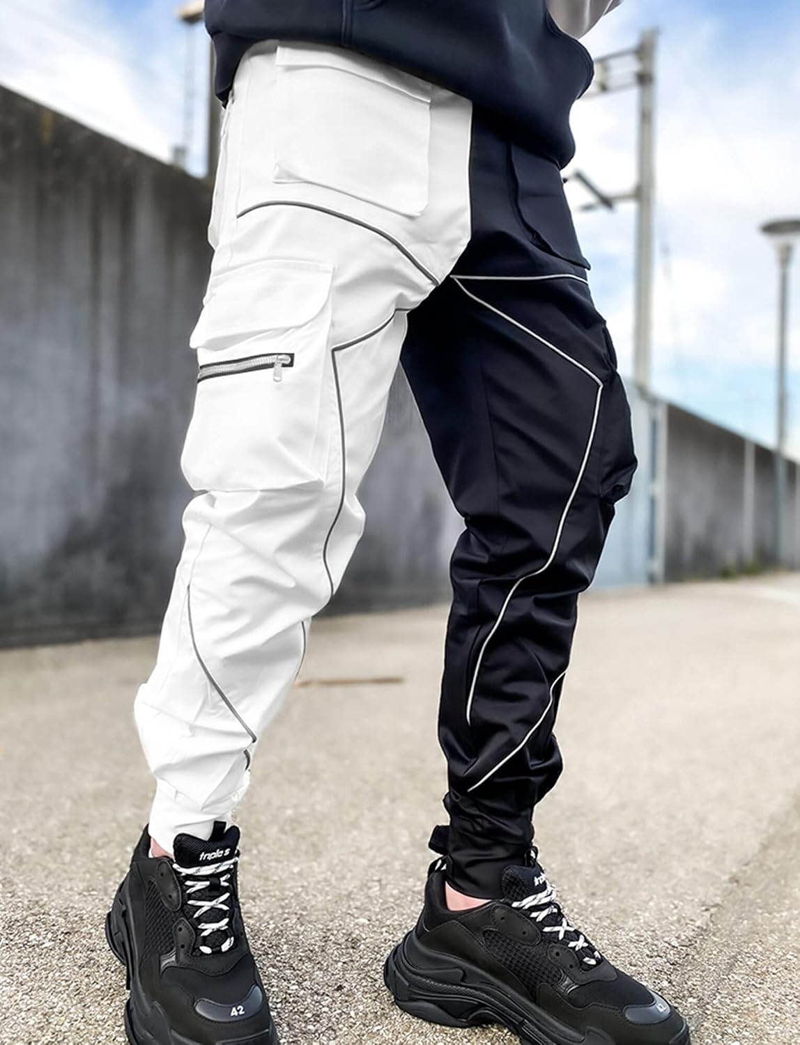 AIEOE Cargobyxor, herr, hip hop, techwear, cargobyxor med reflekterande ränder, streetwear, punkbyxor, joggingbyxor, joggingbyxor med fickor, elastisk linning