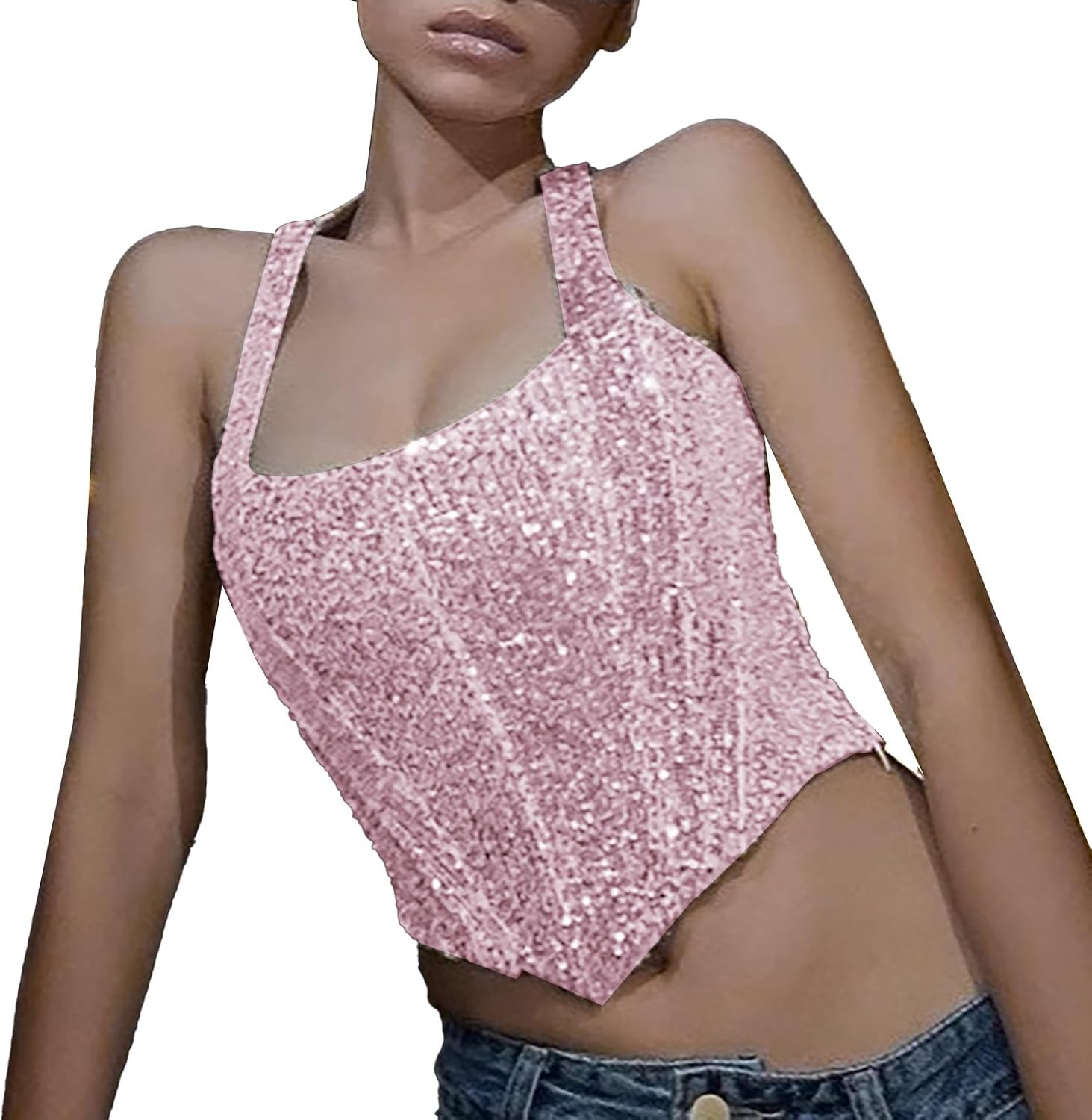 Glitterlinne, damer, slim fit, party, topp, damer, sexig, paljettskjorta, elegant axelbandstopp, glitter, linne, all matchning, sequin, liten väst, toppar, trendig väst, karneval, camisole