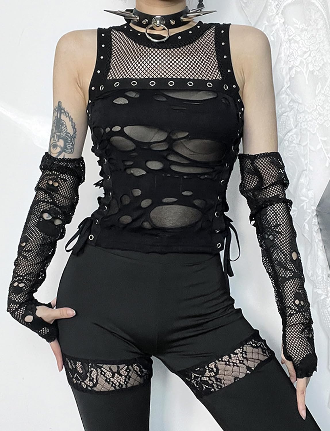 FEOYA Damer gotisk topp Y2k crop top spets goth tank top punk ihålig topp vintage väst lapptäcke bodycon t-shirt