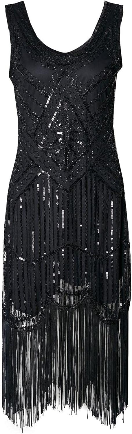 Hahaemma 1920-tals-vintageklänning, flapper-/charleston-klänning, Great Gatsby, med paljetter, tofsar och fåll, som examensbalklänning, aftonklänning, cocktailklänning eller kostymklänning