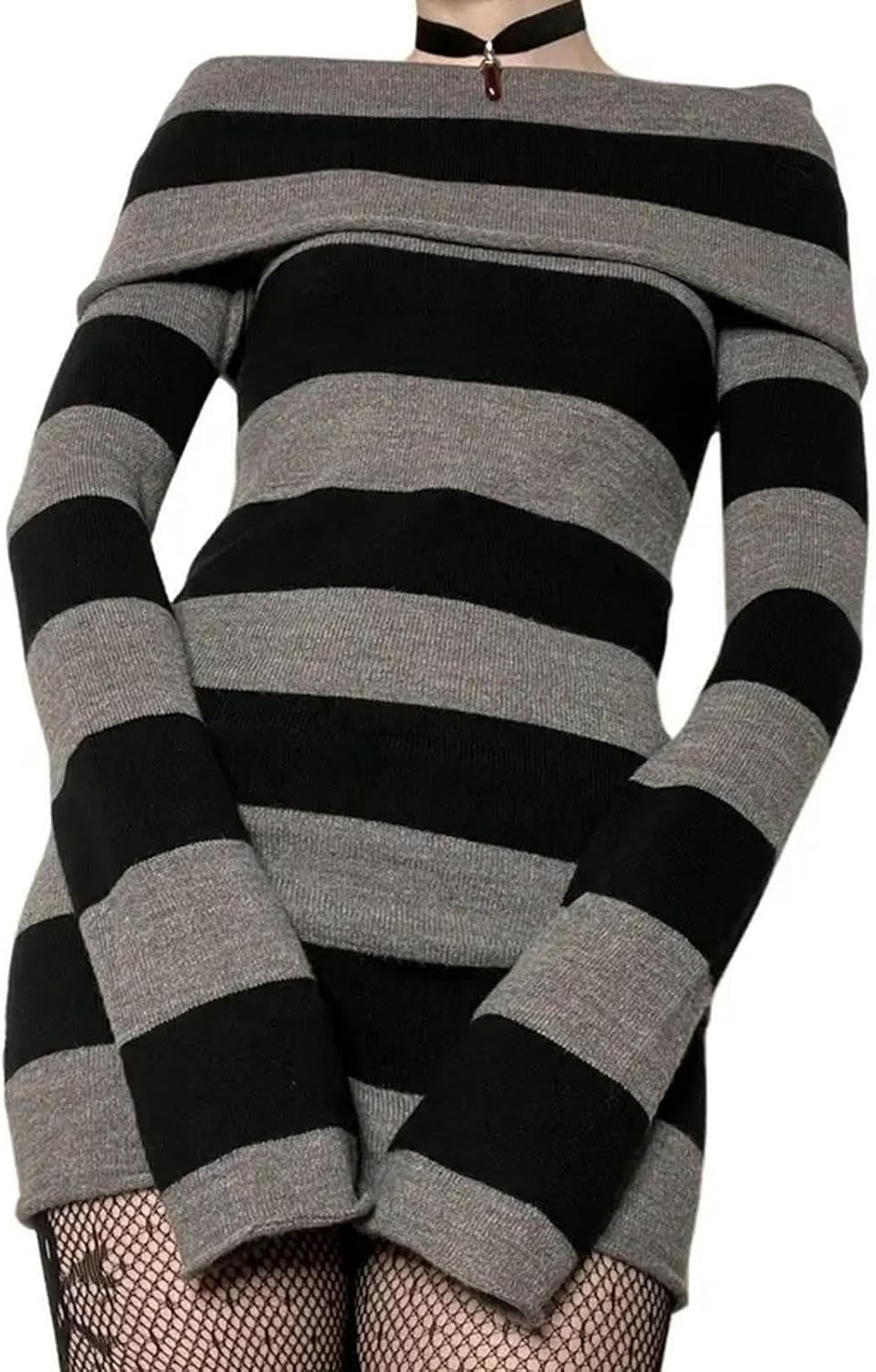 Y2K Randig Tröja Mini Klänning Mall Goth Grunge Emo Bodycon Chic Dam Off-shoulder Full Sleeve Slim Fit Klänningar 00s Vintage