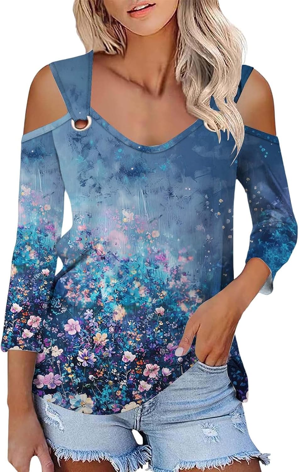 Enfärgad T-shirt för kvinnor, V-ringad och 3/4-ärmar i smal passform, sommarskjortor, topp, axellös, blustopp, toppar, eleganta fritidsskjortor, tryckt strandskjorta, t-shirt, stor storlek