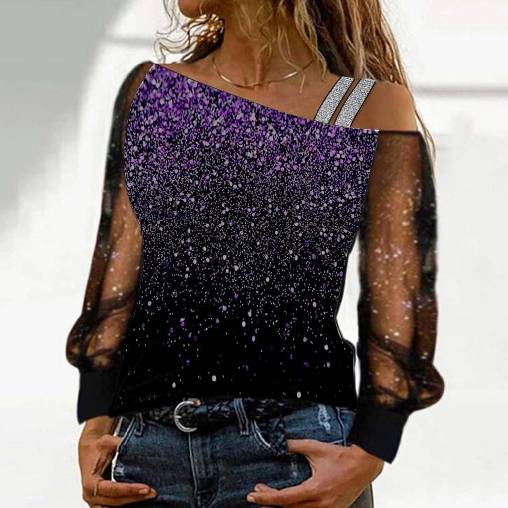 Elegant damskjorta paljetter nyår axellös elegant nät med paljetter plus storlek t-shirts för fest och kväll cocktail ceremoni kurviga toppar långärmad glitter blus 2025
